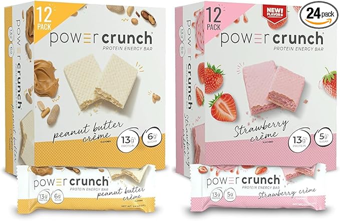 Power Crunch Protein Wafer Bars High Protein Snacks Peanut Butter Crème and Strawberry Crème 1.4 Ounce (12 Count) Bundle