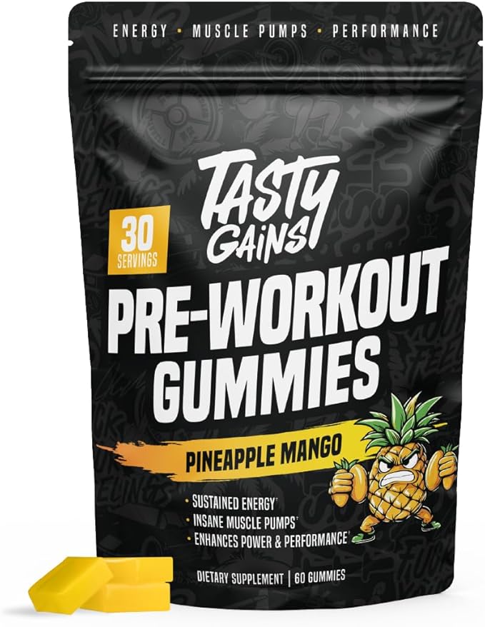TASTY GAINS - Pre-Workout Gummies – Energy &amp Focus Boost Caffeine Gummies for Men &amp Women 200mg of Caffeine Fat-Burning Preworkout for Strength &amp Endurance (60 Pineapple Mango)