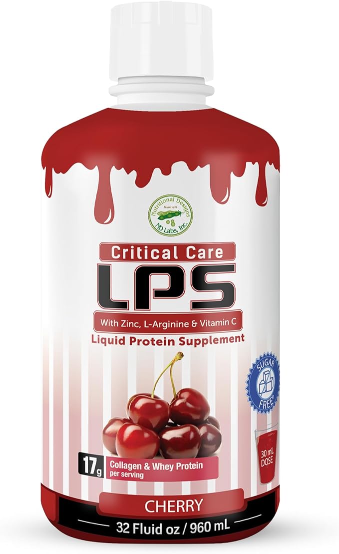 Nutritional Designs LPS Liquid Collagen &amp Whey Protein Supplement - Non-GMO Drink Sugar-Free - Promotes Healthy Skin &amp Hair for Men &amp Women Cherry (Critical Care)