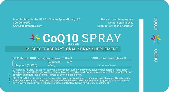 Spectraspray Vegan COQ10 Spray Supplement - Ubiquinol - Daily Vitamin Supplement for Adults 30 Day Supply per Spray