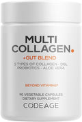 Codeage Multi Collagen + Gut Blend Supplement - Digestive Probiotics DGL Licorice Aloe Vera Organic Peppermint Leaf Slippery Elm - Hydrolyzed Bovine Collagen Pills - Non-GMO - 90 Capsules