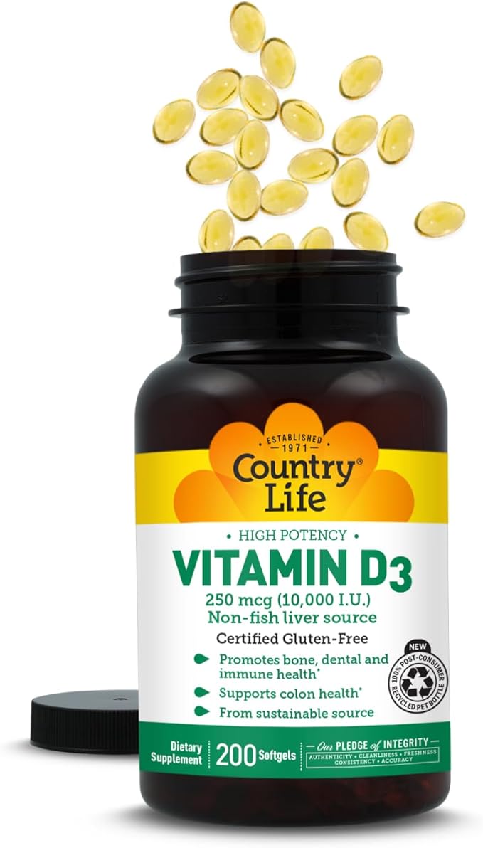 Country Life Vitamin D3 10000 IU – High Potency Non-Fish Source – Bone &amp Immune Support – Certified Gluten-Free – 200 Softgels
