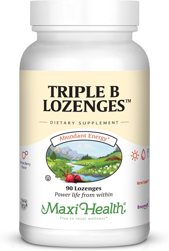 Maxi Health Triple B Lozenges - Vitamin B12 &amp B6 &amp Biotin - Strawberry Flavor - 90 Chewies - Kosher