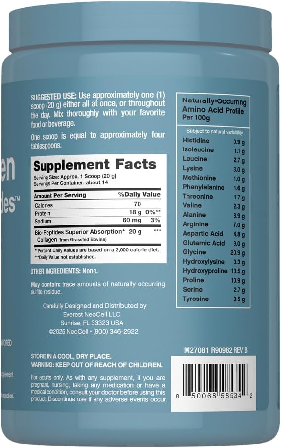NeoCell Collagen Bio-Peptides Powder | 10oz | Super Hair Skin and Nails | Superior Absorption | Grassfed Protein Supplement | Advanced with 18 Essential Amino Acids