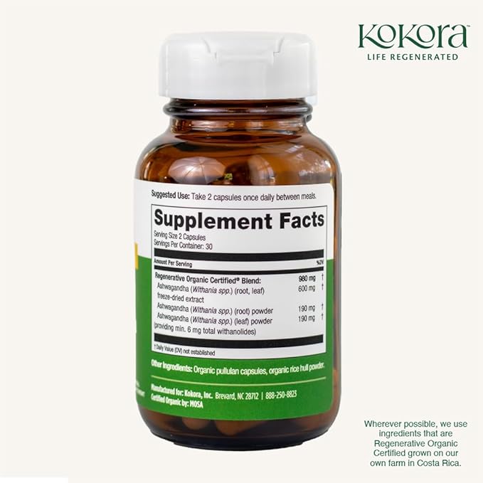Regenerative Ashwagandha -Regenerative Organic Certified - Stress Relief &amp Sleep Supplement* - Containing Withanolides - Vegan Non-GMO - 60 Capsules - 30 Servings