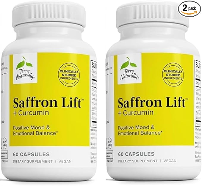 Terry Naturally Saffron Lift + Curcumin - Herbal Supplement with Curcumin - Non-GMO Saffron &amp Brain Curcumin Capsules - Concentration &amp Relaxation Support Supplement - 60 Capsules (Pack of 2)