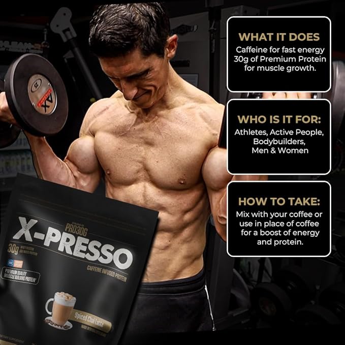 ATHLEAN-X PRO-30G Xpresso Premium Caffeinated Protein Powder Spiced Chai Latte Gluten-Free Low Sugar 30g of High Protein Powder for Muscle Recovery &amp Growth NSF Certified for Sports