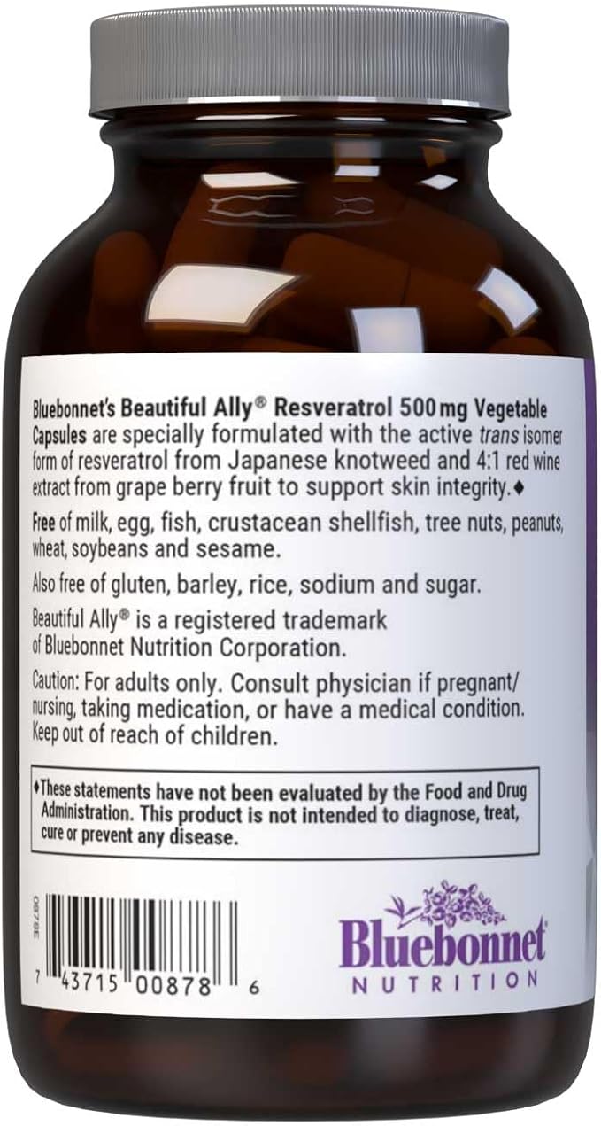 Bluebonnet Nutrition Beautiful Ally Resveratrol 500mg Protect Skin Integrity* Non-GMO Vegan Gluten-Free Soy-Free Dairy-Free 30 Vegetable Capsules 30 Servings