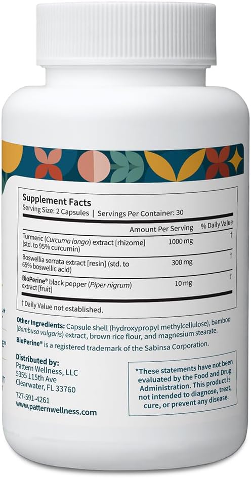 Pattern Wellness Turmeric Curcumin – 95% Curcuminoids with BioPerine® Black Pepper – Supports Joint Cognitive &amp Immune Health – Non-GMO Gluten Free – 180 Capsules