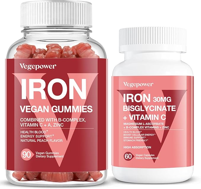 Vegan Iron Gummies + Iron Bisglycinate 30MG | Vegan Iron Supplement Support for Blood Healthy &amp Daily Energy for Adults &amp Kids - 90 Count+60 Count