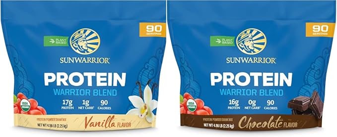 Sunwarrior Chocolate &amp Vanilla Organic Plant Based Protein Powder Set | Bundle &amp Save | Vegan Organic Protein Powder | Non-GMO Soy Dairy Filler &amp Gluten Free (90 Servings Each)