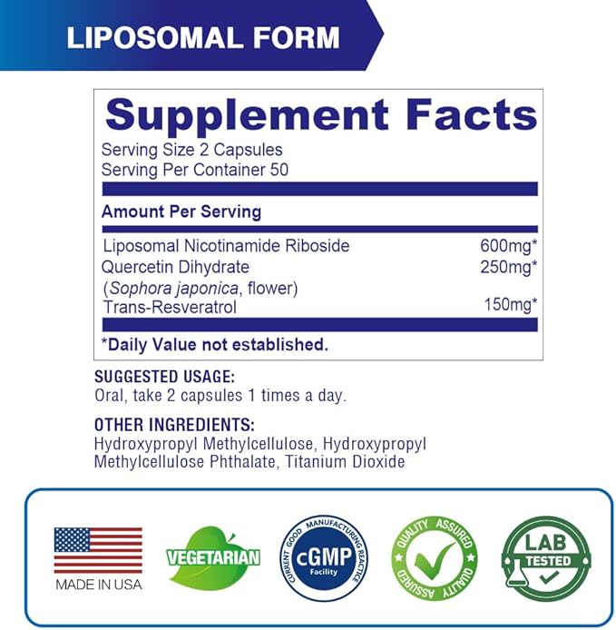 LOVITA Liposomal NR (Nicotinamide Riboside) 1000 mg with Quercetin &amp Trans-Resveratrol Support Cellular Health and Healthy Aging 100 Vegan Enteric-Coated Capsules