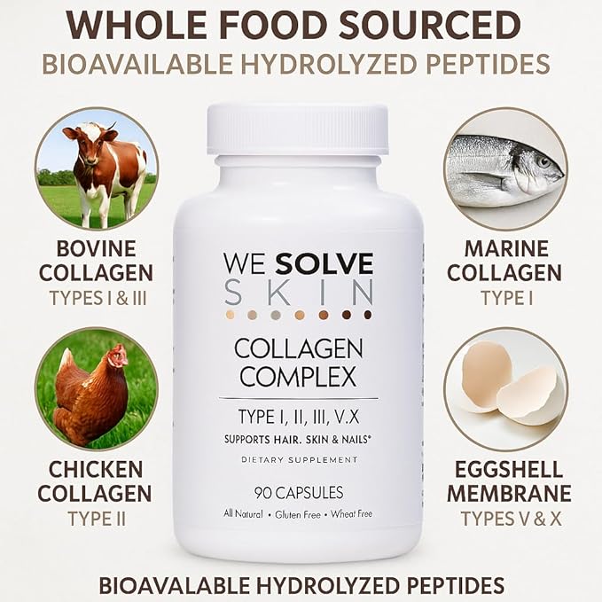 Multi Collagen Peptides Pills for Women &amp Men – 5 Types (I II III V X) – Marine Chicken &amp Bovine Collagen – Supports Hair Skin Nails Joints &amp Bones – Gluten-Free Capsules (90 Count