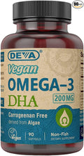 Deva Vegan Omega-3 DHA Supplement - Once-Per-Day Softgels 200 MG - Carrageenan Free - Gelatin Free - Non-Fish - Algae Oil Omega-3 Fatty Acids - 90 Softgels