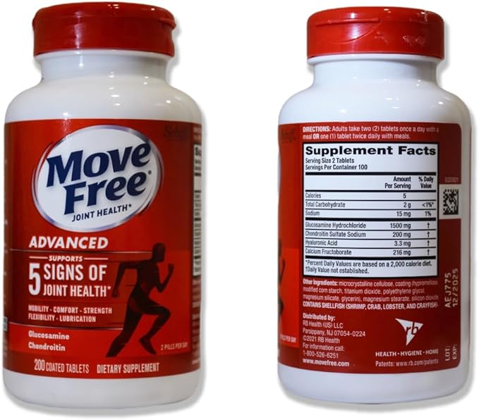 Move Free Advanced Glucosamine Chondroitin + Calcium Fructoborate Joint Support Supplement Supports Mobility Comfort Strength Flexibility &amp Lubrication - 200 Tablets (100 Servings)*