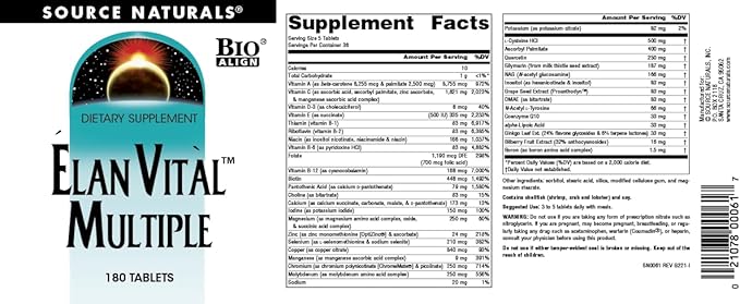 Source Naturals Elan Vital Multiple - Supports Brain Heart Liver Immune Energy Boost - 180 Tablets