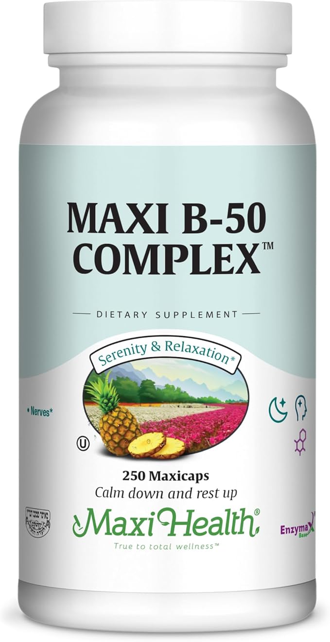 Maxi Health Stress Relief Vitamin B Complex for Women and Men Vitamin B6 B12 Biotin Inositol Folate Vegan Gluten &amp Soy &amp Milk Free Kosher Unflavored 250 Count