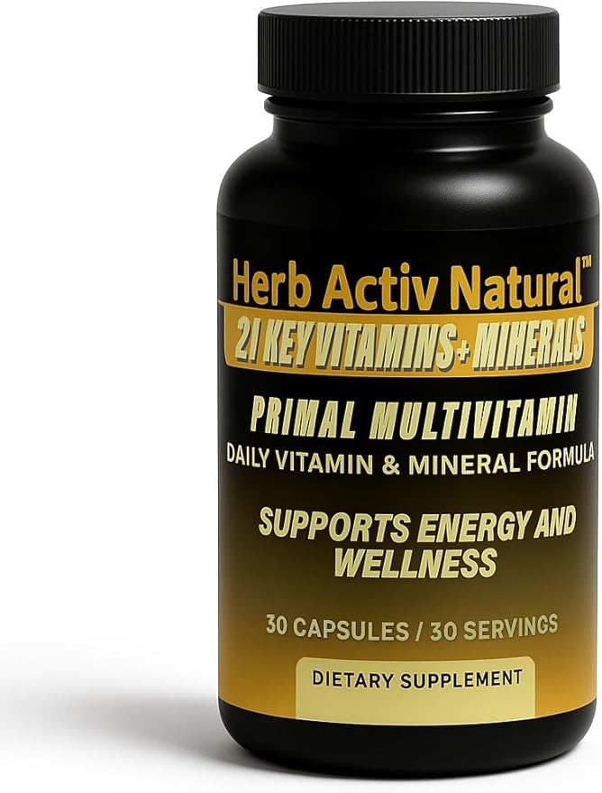 Primal Multivitamin - 21 Essential Vitamins &amp Minerals - Daily Vitamin &amp Mineral Supplement - Energy &amp Wellness Support - 30 Capsules