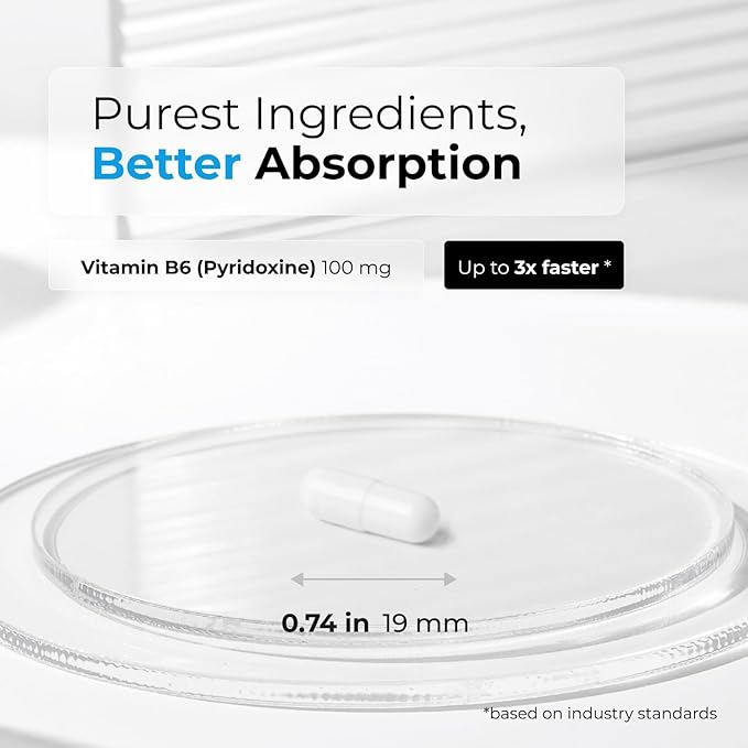 Vitamin B6 100 mg - Capsules B6 Pyridoxin - Supports Energy Production &amp Metabolism - 2 Months Supply Vitamin B6 Supplement Made in Canada Non-GMO Vegan (60 Count)