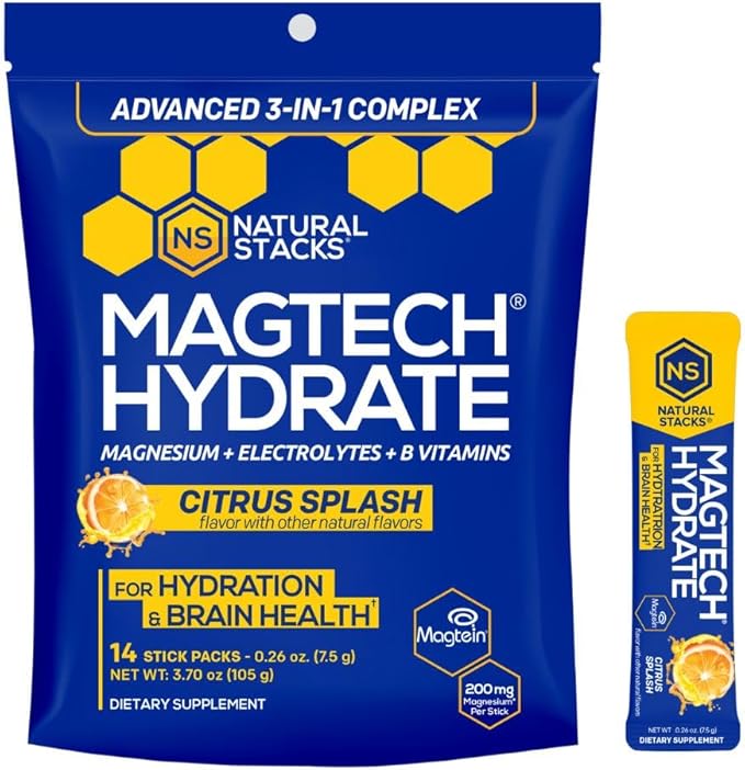 MagTech Magnesium Hydrate Packets - Sugar Free Hydration Powder - Magtein Magnesium L-Threonate Glycinate &amp Taurate - 200mg Chelated Triple Complex - Supports Hydration &amp Brain Health* - 14 S