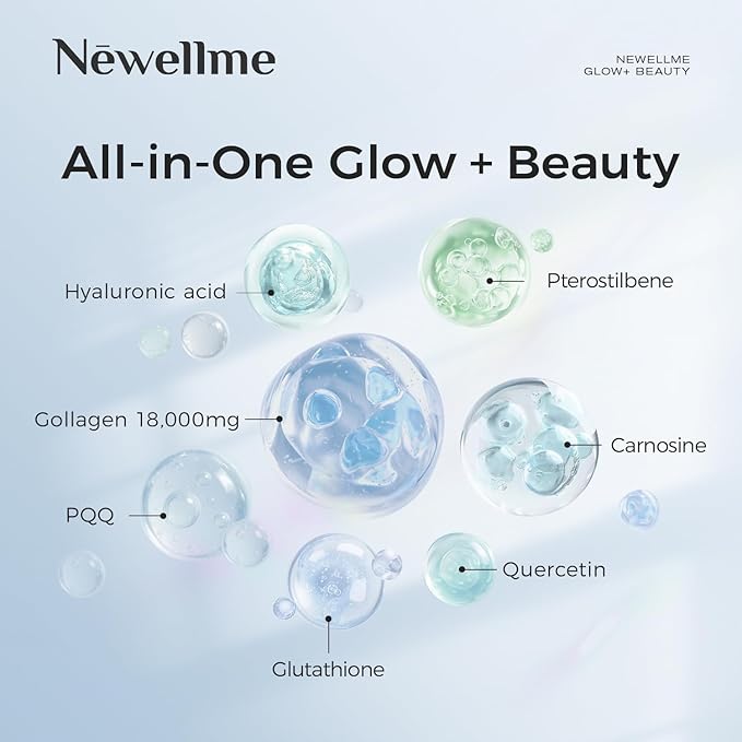 NEWELLME Glow+Beauty Collagen Drink – Liquid Beauty Supplement with Hyaluronic Acid &amp Antioxidant Complex Supports Skin Hydration Hair &amp Nail Strength 28 Bottles