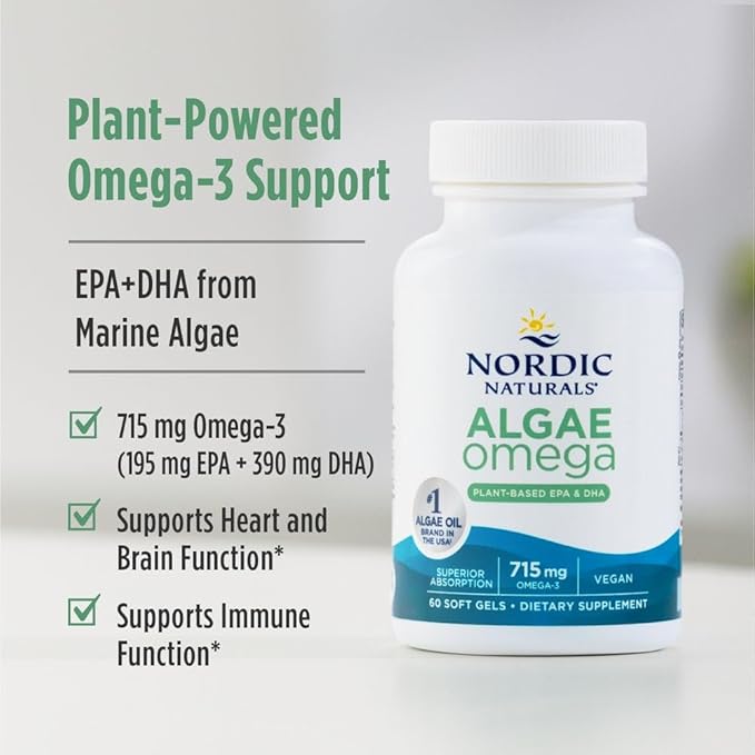 Nordic Naturals Algae Omega - 120 Soft Gels - 715 mg Omega-3 - Certified Vegan Algae Oil - Plant-Based EPA &amp DHA - Heart Eye Immune &amp Brain Health - Non-GMO - 60 Servings