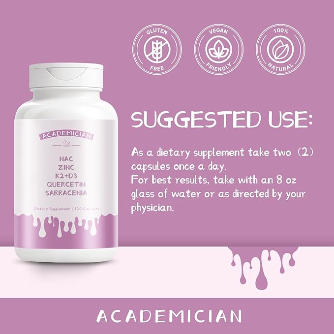 Vitamin D3 K2 Capsule Zinc Supplements Quercetin NAC N-Acetyl Cysteine Sarracenia Supplement - 120 Count
