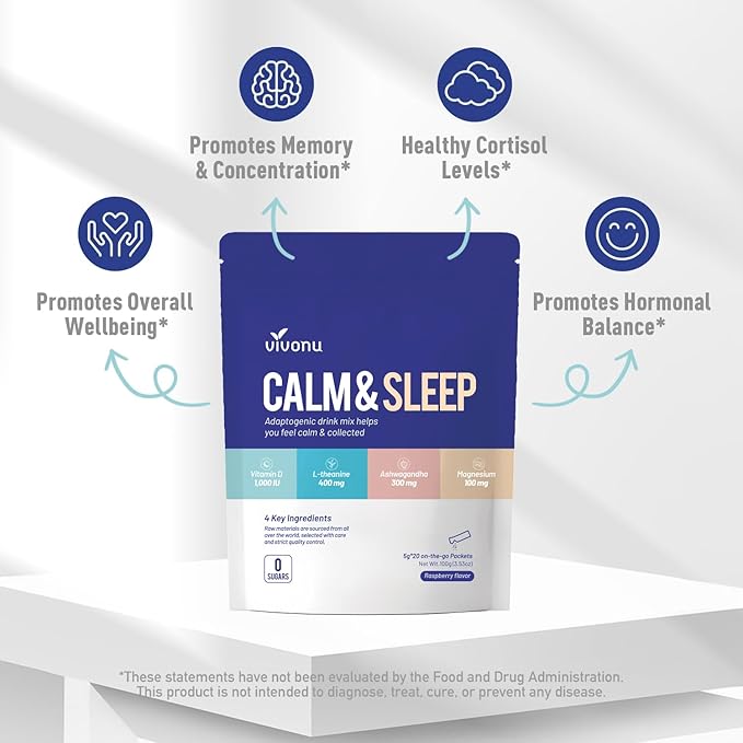 VivoNu Calm &amp Sleep Powdered Drink Mix Raspberry L Theanine Ksm-66 Ashwagandha Magnesium Glycinate Vitamin D 3 Supplements for Relaxation &amp Focus No Sugar Non GMO