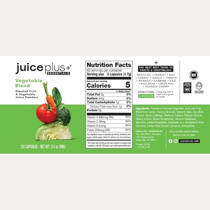 JuicePlus+ Fruit Vegetable &amp Berry Blend: Nutrient-Packed Ingredients For Heart Health Immune Function Cognitive Performance &amp Radiant Skin - Prepacked 3 bottles (60 servings of Fruit Veg