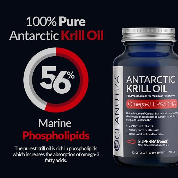 100% Pure Krill Oil 1000mg Omega 3 Highest Concentration 56% Phospholipids Choline &amp Astaxanthin Sustainable Antarctic SuperbaBoost DHA EPA Heart Brain Eye &amp Skin Care No Fish Oil
