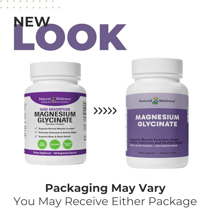 Natural Wellness Magnesium Glycinate – High Absorption Magnesium Supplement for Relaxation Restful Sleep Bone &amp Heart Health and Muscle Function – Gentle on Stomach 180 Vegetarian Capsules