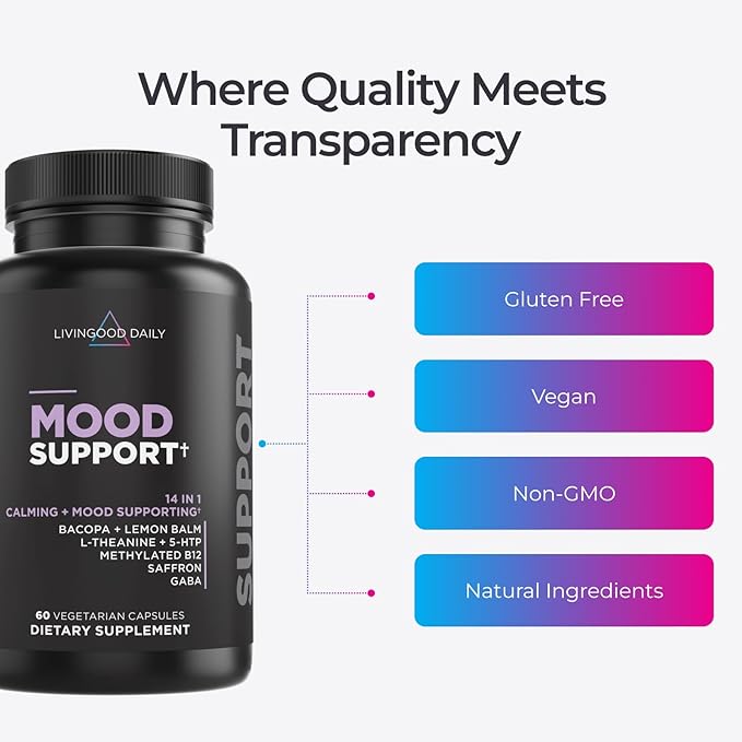 Livingood Daily Mood Support Supplement for Women &amp Men 14-in-1 Formula with L Theanine Lemon Balm GABA Saffron 5-HTP &amp B12 Supports Focus &amp Emotional Wellness Gluten Free Vegan 6