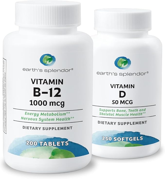Earth's Splendor Vitamin B12 1000 mcg Tablets (200 Count) + Vitamin D Softgels – Energy Metabolism Bone &amp Muscle Support Gluten Free No Artificial Colors or Flavors