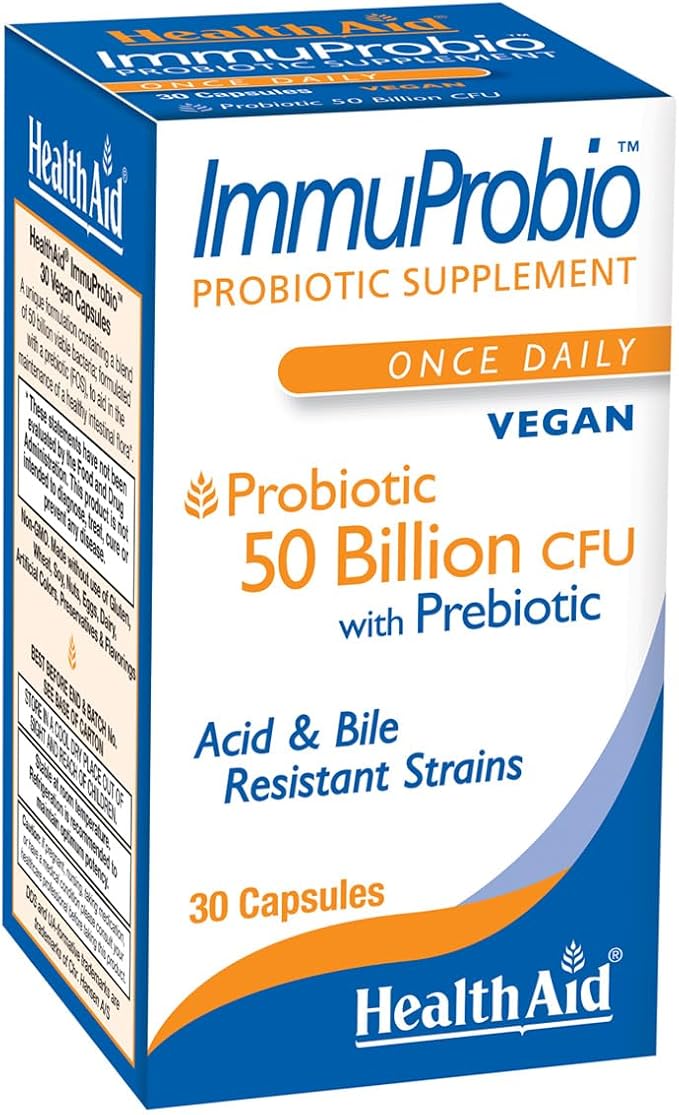 HealthAid ImmuProbio 50 Billion CFU with Prebiotic 30ct Once Daily Acid &amp Bile Resistant Strains Vegan