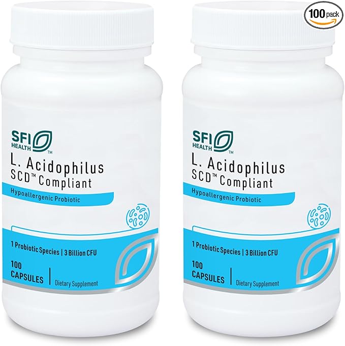 Klaire Labs SFI Health L. Acidophilus - 3 Billion CFU Lactobacillus Probiotic Pure SCD Compliant Formula for Men &amp Women Hypoallergenic &amp Non-Dairy (100 Capsules 2 Pack)