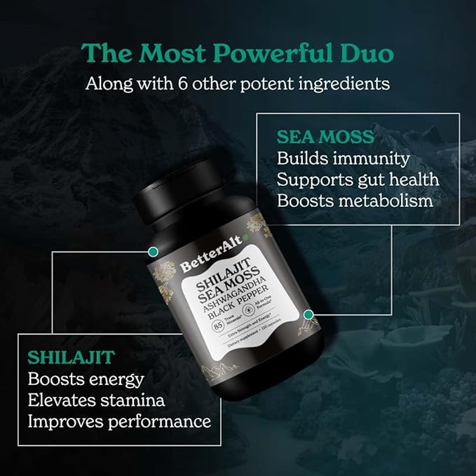 Better Alt Shilajit Sea Moss Capsules Pack of 2 with Ashwagandha &amp Black Pepper Extract with 85+ Essential Minerals &amp Antioxidants| Boosts Energy &amp Metabolism - 120 Servings 240 Capsules