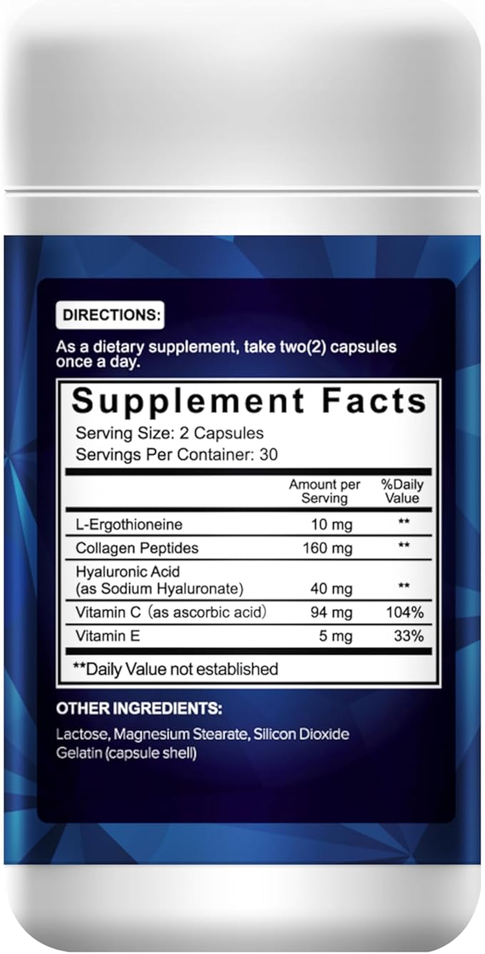 Sapphire Ergothioneine Collagen Supplement – L-Ergothioneine + Collagen Peptides + Hyaluronic Acid + Vitamin C &amp E – Advanced Anti-Aging Formula for Skin Joints &amp Cellular Health – 60 Capsule