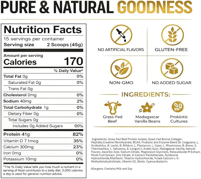 PUMPFIT305 ALL-in-ONE Grass Fed Beef Protein Isolate-41g Protein + 5g Collagen + 5g Creatine Monohydrate + 4g BCAAs Probiotics NO Bloat Muscle Recovery Post Workout Recovery - Vanilla 15 Servings