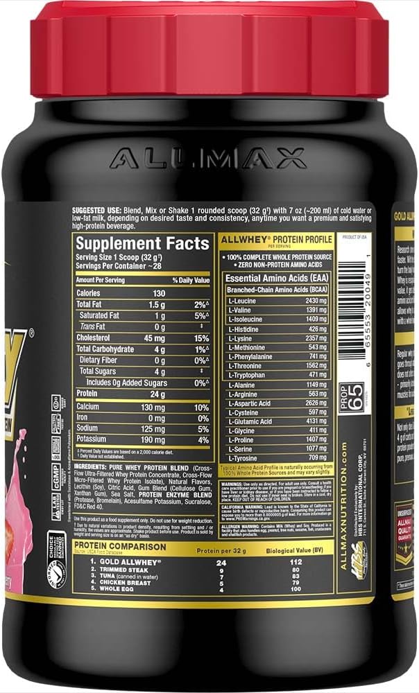 ALLMAX Nutrition Gold ALLWHEY Strawberry - 2 lb - 24 Grams of Protein Per Scoop - Gluten Free Low Carb &amp Low Sugar - Approx. 30 Servings