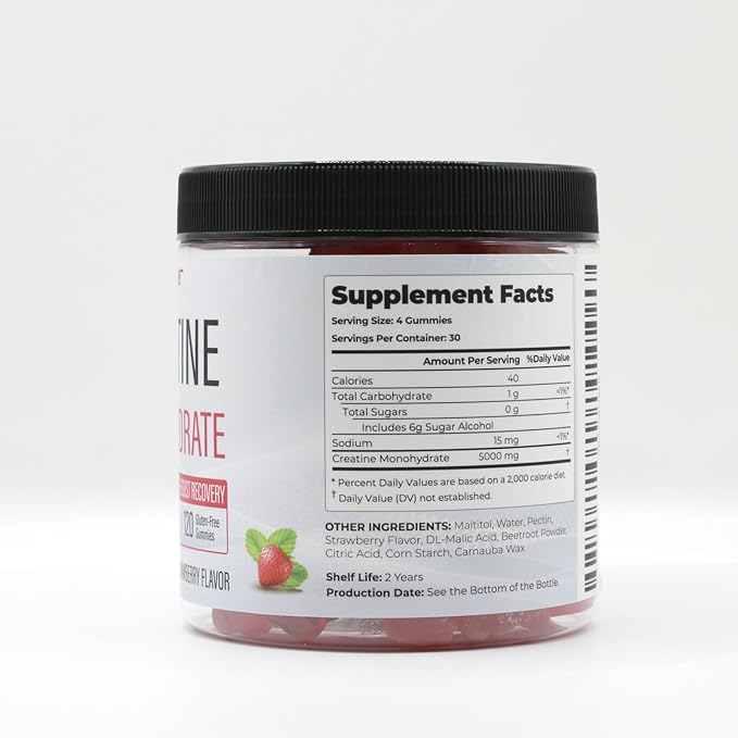 HoneyArts Creatine Monohydrate Gummies - 5000mg Creatine Natural Strawberry Flavor 120 Count - Vegan Sugar-Free Boosts Performance &amp Recovery