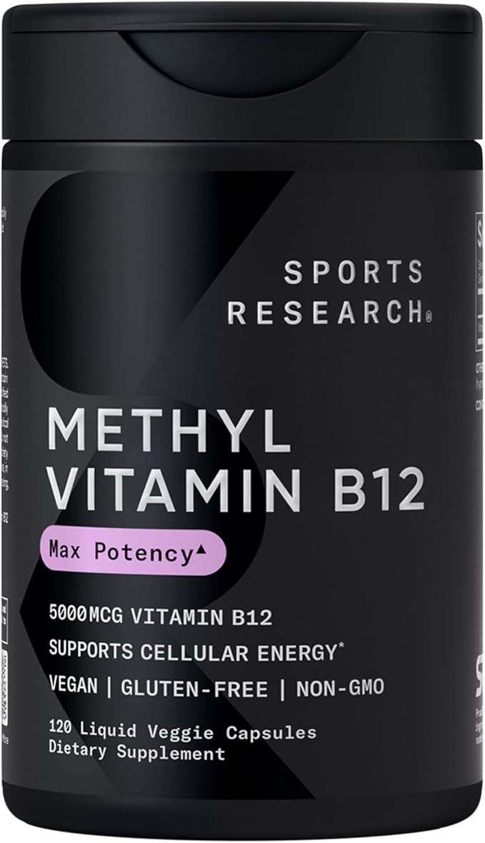 Sports Research® Celular Energy Pack - Plant Based Vitamin B12 as Methylcobalamin 5000mcg + Magnesium Glycinate 160mg + Vegan Vitamin D3 5000iu &amp Mk7 Vitamin K2 100mcg