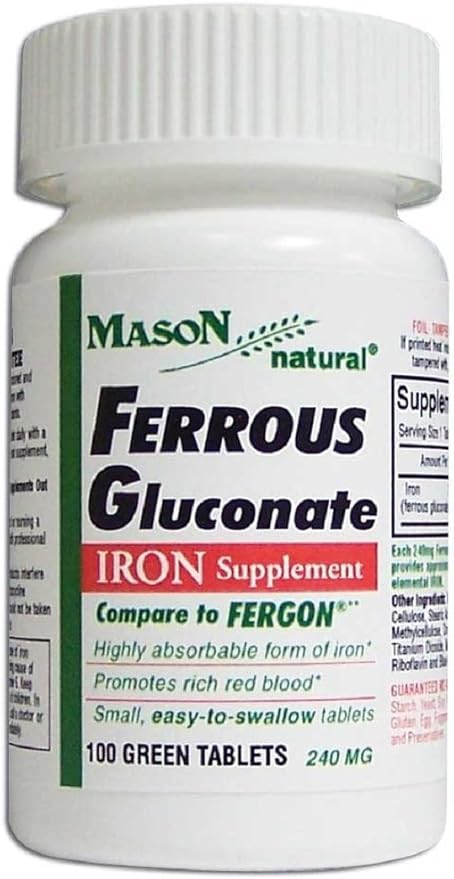 Mason Vitamins Iron Ferrous Gluconate 240Mg Tablets 100 Count per Bottle Pack of 12 Total 1200 Tablets