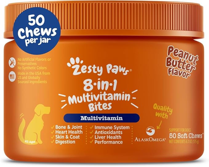 Zesty Paws Dog Multivitamin Chewable Dog Vitamins and Supplements for Hip &amp Joints Skin &amp Coat Omega 3 Fish Oil for Dogs- Senior &amp Puppy Multivitamin- Peanut Butter- 50ct