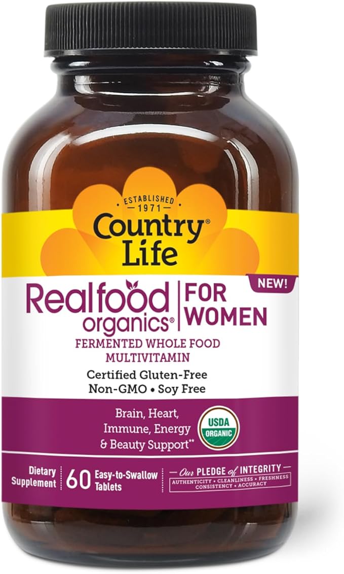 Country Life Realfood Organics Women’s Multivitamin – USDA Organic Vegan Gluten-Free – 1300mg Fermented Whole Foods Vitamins D E B Folate &amp Biotin – Daily Energy &amp Beauty – 60 Tablets