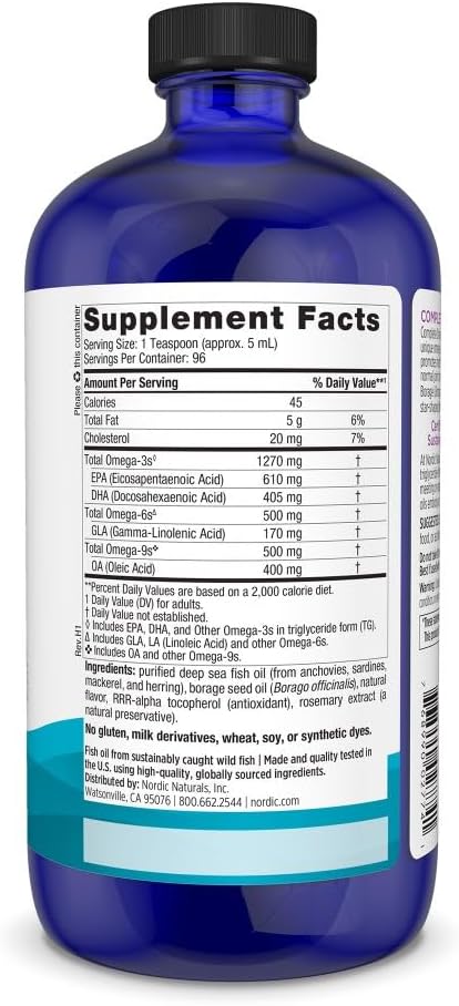 Nordic Naturals Complete Omega Lemon Flavor - 16 oz - 1270 mg Omega-3 - EPA &amp DHA with Added GLA - Healthy Skin Cognition Positive Mood - Non-GMO - 96 Servings