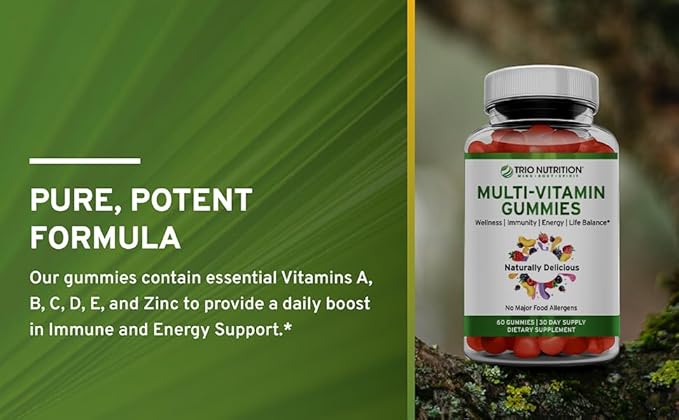 TRIO NUTRITION Daily Multivitamin Gummies for Men &amp Women - Natural Fruit Flavor with Essential Vitamins A B C D E &amp Zinc - No Major Allergens Immune Support &amp Energy Boost Supplement