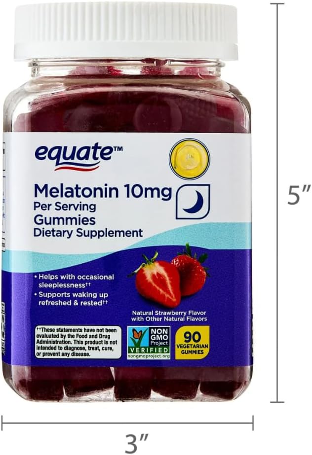 Equate Melatonin 10 mg Gummies Fast-Dissolve Vegetarian Strawberry Flavor Adult Sleep Support 90 Count Sticker
