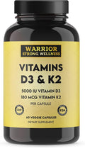 Vitamin D3 and K2 Supplement - 5000IU Vitamin D3 and 180MCG Vitamin K2 Supplement - Immune Heart Health - 2 Month-Supply 60 Veggie Capsules
