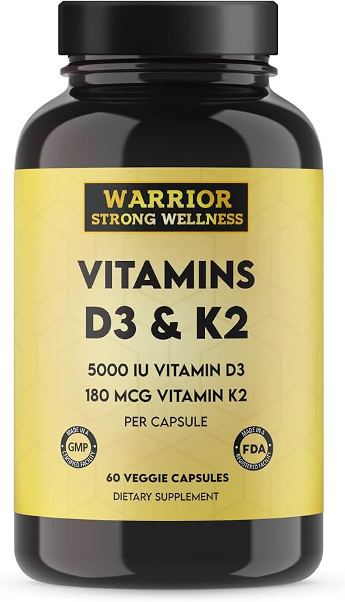 Vitamin D3 and K2 Supplement - 5000IU Vitamin D3 and 180MCG Vitamin K2 Supplement - Immune Heart Health - 2 Month-Supply 60 Veggie Capsules