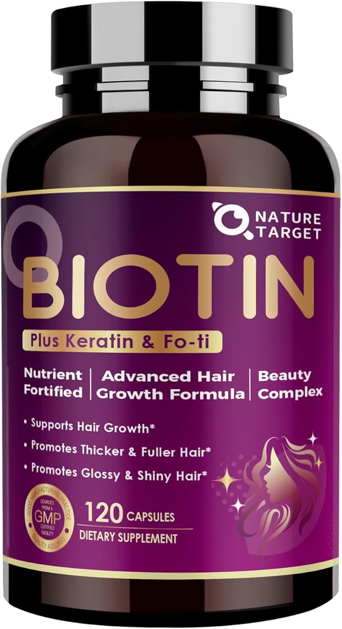 NATURE TARGET Biotin 10000mcg Hair Growth Vitamins – Maximum Strength Hair Growth Supplement with Collagen Keratin Fo-Ti MSM Zinc &amp B Vitamins for Thicker Stronger Hair Skin &amp Nails